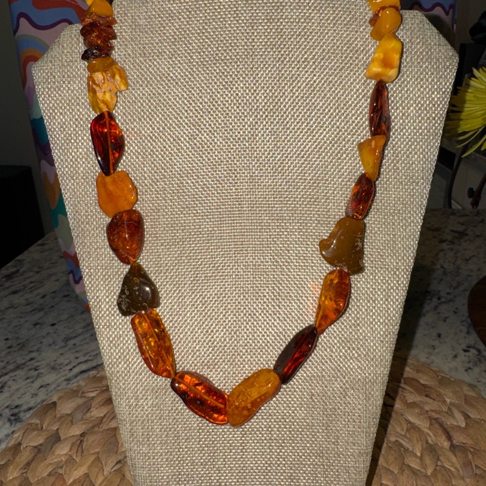 Vintage Amber Look Resin Statement Necklace 14K Gold Clasp Chunky
